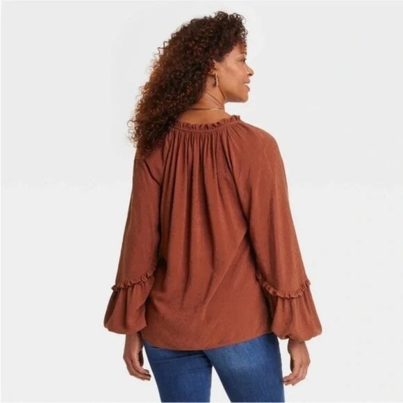 Knox Rose Women's Balloon Long Sleeve Blouse Brown XL - Picture 3 of 9